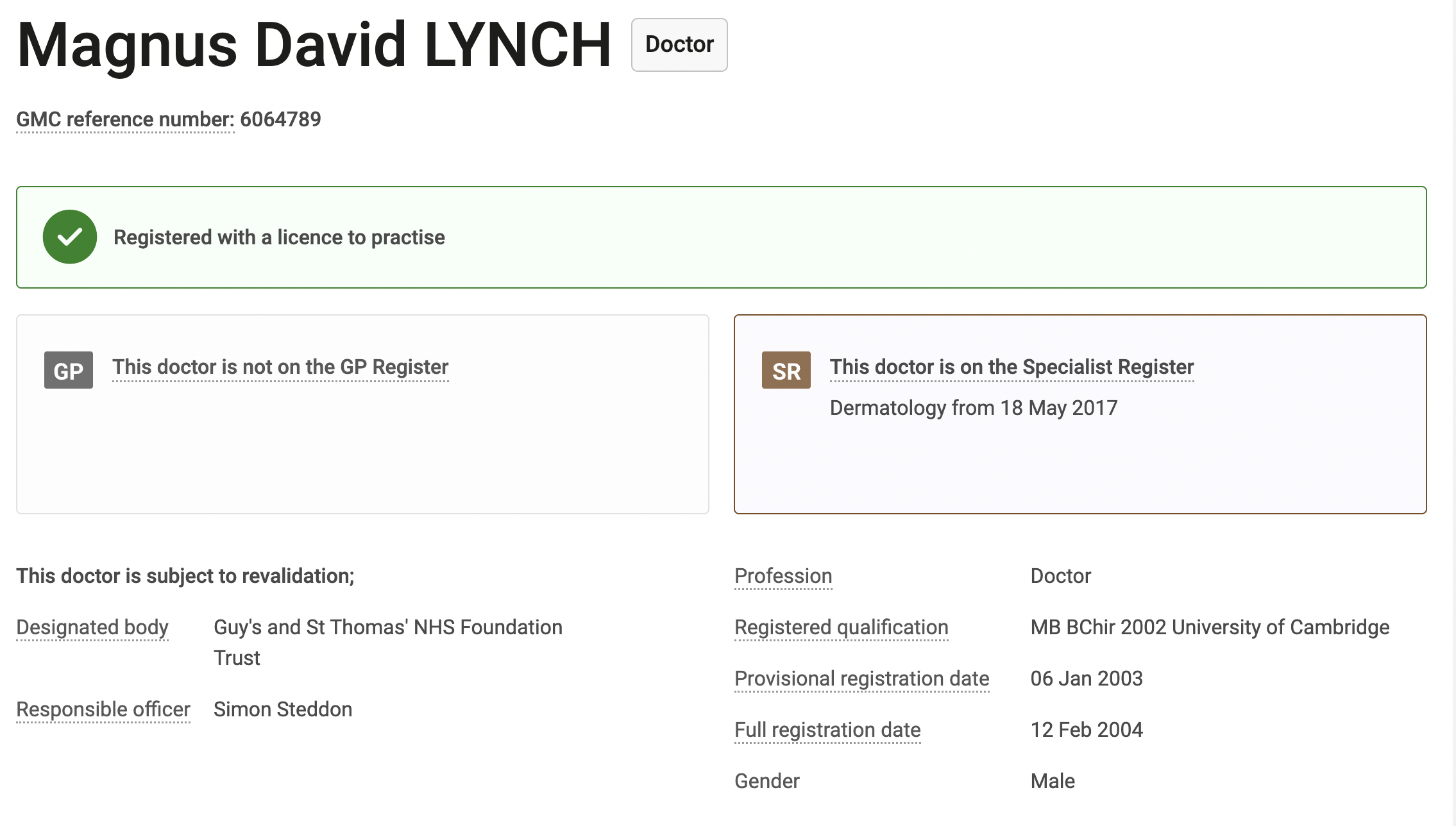Screenshot of Dr Magnus Lynch's GMC Specialist Register entry for Dermatology